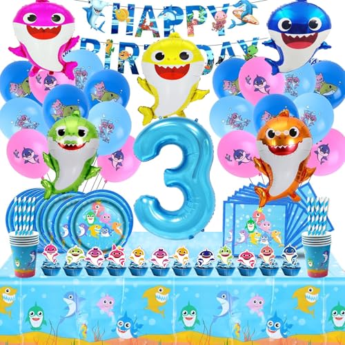 IXOKEV Shark Geburtstagsdeko 3 Jahre, 114 Stück Shark Geburtstagsfeier Party Geschirr Set, Baby Shark Tortendeko, Baby Shark Luftballons, P-arty Folienballons Teller Pappbecher Servietten Tischdecke IXOKEV Shark Geburtstagsdeko 3 Jahre, 114 Stück Shark Geburtstagsfeier Party Geschirr Set, Baby Shark Tortendeko, Baby Shark Luftballons, P-arty Folienballons Teller Pappbecher Servietten Tischdecke von IXOKEV