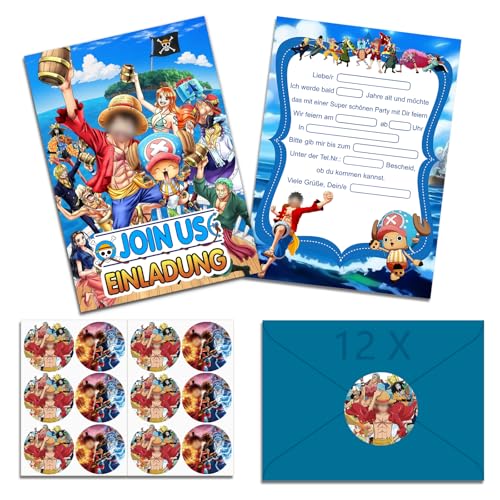 Iamred 12x One Piec Einladungskarten Kindergeburtstag Junge mit Umschlag Deutsch, One Piec Geburtstagseinladungen Jungen, Cartoon Einladungskarten Geburtstag Set für Themed Party (A6) von Iamred