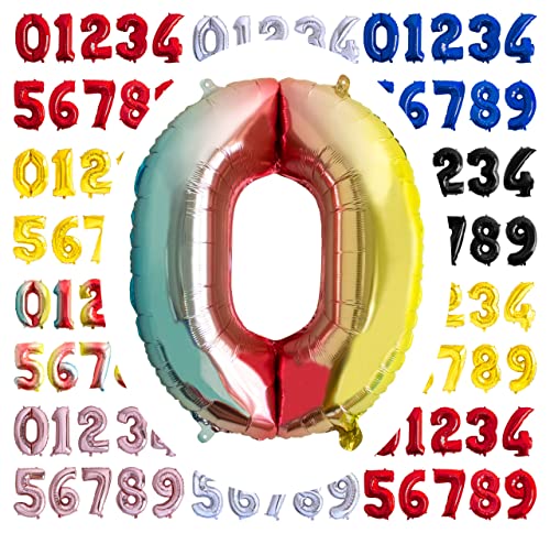 Folienballon Nummer 0 Regenbogen Riesen-Luftballons Zahl 0 mehrfarbig Party Geburtstag Dekoration Hochzeit Jubiläum Größe 70cm mit Zubehör zum Aufblasen von Luft oder Helium von Ibera