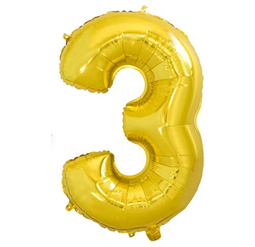 Folienballon Nummer 3 Gold Riesige Luftballons Zahl Gold Party Geburtstag Dekoration Jubiläum Hochzeit Größe 70cm mit Zubehör zum Aufblasen von Luft oder Helium von Ibera