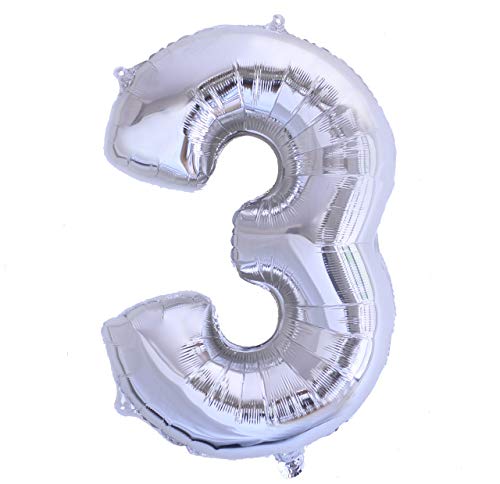 Folienballon Nummer 3 Silber Riesige Luftballons Zahl Silber Party Geburtstag Dekoration Jubiläum Hochzeit Größe 70cm mit Zubehör zum Aufblasen von Luft oder Helium von Ibera