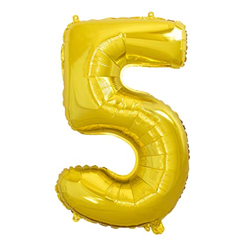 Folienballon Nummer 5 Gold Riesige Luftballons Zahl Gold Party Geburtstag Dekoration Jubiläum Hochzeit Größe 70 cm mit Zubehör zum Aufblasen von Luft oder Helium von Ibera