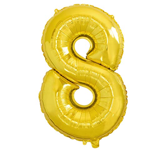 Folienballon Nummer 8 Gold Riesige Luftballons Zahl Gold Party Geburtstag Dekoration Jubiläum Hochzeit Größe 70cm mit Zubehör zum Aufblasen von Luft oder Helium von Ibera