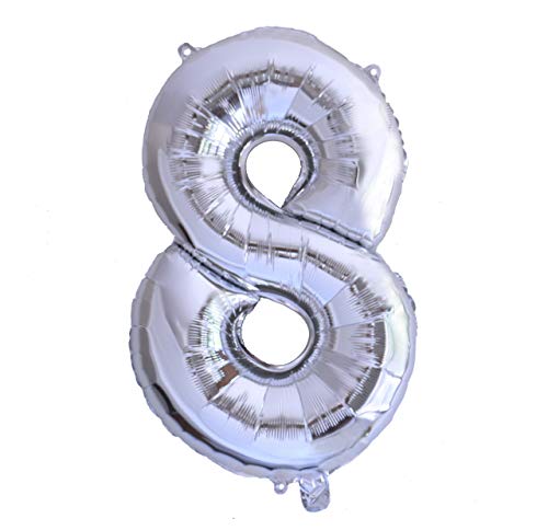 Folienballon Nummer 8 Silber Riesige Luftballons Zahl Silber Party Geburtstag Dekoration Jubiläum Hochzeit Größe 70cm mit Zubehör zum Aufblasen von Luft oder Helium von Ibera