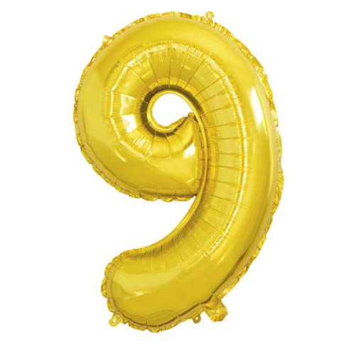 Folienballon Nummer 9 Gold Riesige Luftballons Zahl Gold Party Geburtstag Dekoration Jubiläum Hochzeit Größe 70cm mit Zubehör zum Aufblasen von Luft oder Helium von Ibera