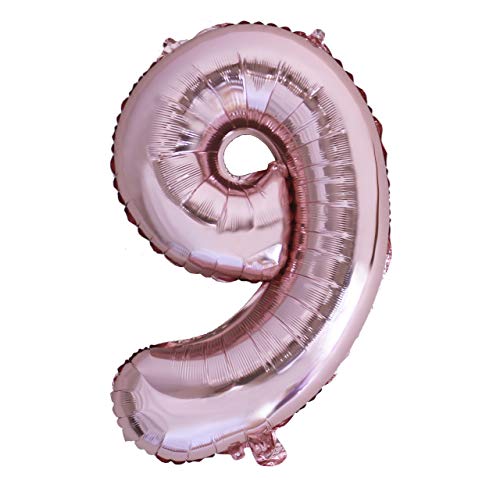 Folienballon Nummer 9 Roségold Riesige Luftballons Zahl rosa Party Geburtstag Dekoration Jubiläum Hochzeit Größe 70cm mit Zubehör zum Aufblasen von Luft oder Helium von Ibera