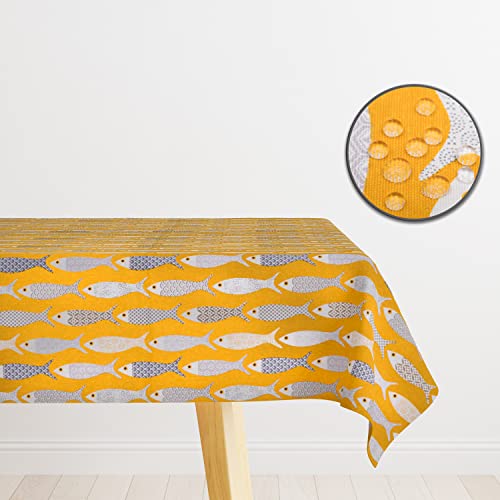 Tischdecke Large MEDITERRA mit Lotuseffekt, fleckenbeständig, abwischbar, mediterranes Fischmuster, 240x140cm, doppelter Umschlagsaum von IchbinPUR