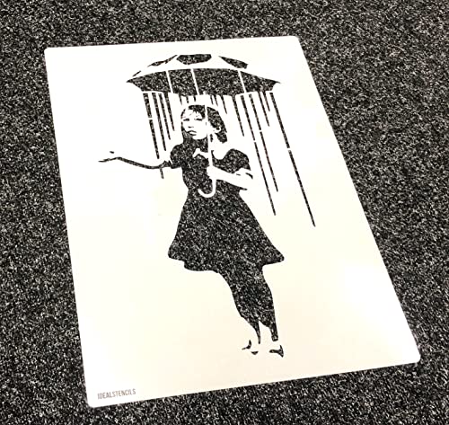 Banksy Nola Regenmädchen-Schablone, Mädchen mit Regenschirm, Wanddekoration, Graffiti-Kunst, Wandmalerei, Schablone (31 x 54 cm) von Ideal Stencils