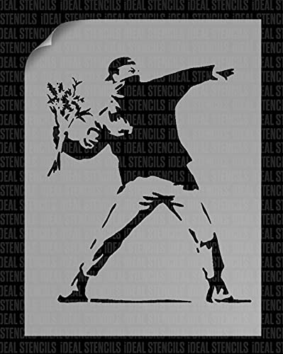 Banksy-Schablone mit Blumenwerfer, A3-Größe, bemalte Größe (B x H), 26 x 31 cm, Heimdekoration, Kunstmalerei-Schablone von Ideal Stencils
