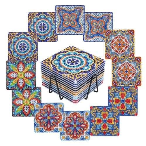Ideen mit Herz 12 Diamond-Painting-Untersetzer mit Metallständer | 12 Korkuntersetzer | inkl. Diamanten & Werkzeug | 29-teilig (Mandala 01) von Ideen mit Herz