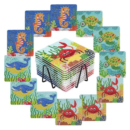 Ideen mit Herz 12 Diamond-Painting-Untersetzer mit Metallständer | 12 Korkuntersetzer | inkl. Diamanten & Werkzeug | 29-teilig (Maritim 01) von Ideen mit Herz