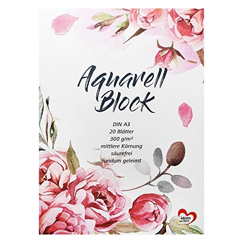 Ideen mit Herz Aquarell-Block | Aquarellpapier | Zeichenblock | Malblock | 20 Blatt | dickes Papier | 300 g/m² (DIN A3) von Ideen mit Herz