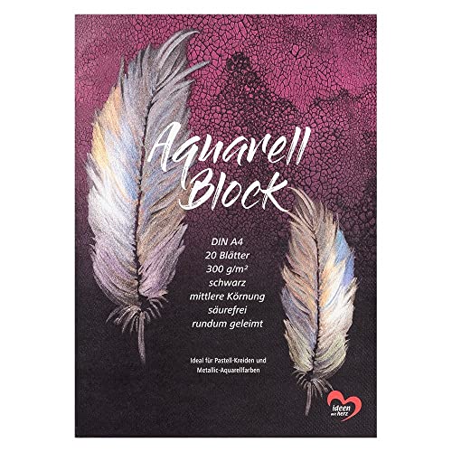 Ideen mit Herz Aquarell-Block | DIN A4 | 20 Blatt | 300 g/m² | schwarz | ideal für Pastell-Kreiden und Metallic-Aquarellfarben von Ideen mit Herz