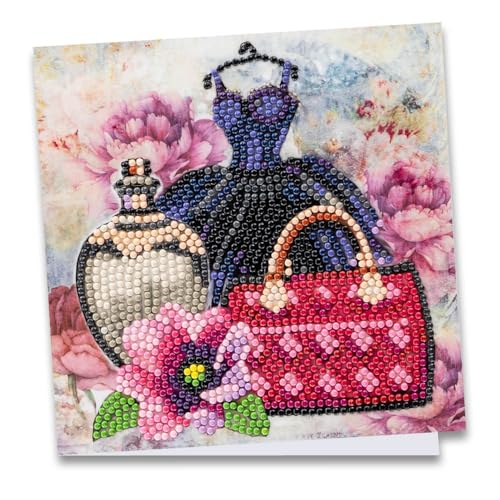 Ideen mit Herz Diamond-Painting-Grußkarte | 16 cm x 16 cm | 370 g/m² | Inkl. Umschlag & Werkzeug (Kleid mit Handtasche & Flakon) von Ideen mit Herz