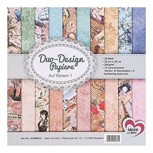 Ideen mit Herz Duo-Design-Papiere | Block mit 20 Blatt Bastelpapier | 25 x 25 cm | 250g/m² | beidseitig bedruckt | Designpapier, Motivpapier | ideal für Scrapbooking, Basteln (Auf Reisen 01) von Ideen mit Herz