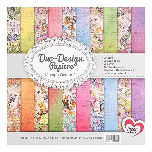 Ideen mit Herz Duo-Design-Papiere | Block mit 20 Blatt Bastelpapier | 25 x 25 cm | 250g/m² | beidseitig bedruckt | Designpapier, Motivpapier | ideal für Scrapbooking, Basteln (Vintage Ostern 02) von Ideen mit Herz