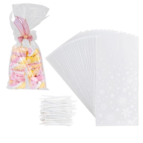 Ideen mit Herz Flachbeutel | Keks-Tüte mit Eiskristallen| 12,3 cm x 27,5 cm | lebensmittelecht | 50 Stück | mit 100 Verschluss-Clips Partytüten Geschenktüten Hochzeit Gebnurtstsag Weihnachten von Ideen mit Herz