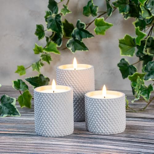 Ideen mit Herz LED-Echtwachskerzen | in dekorativen Beton-Gefäßen | 3er Set | 3 verschiedene Größen | rund mit Rauten-Muster | batteriebetrieben | mit Timer-Funktion von Ideen mit Herz