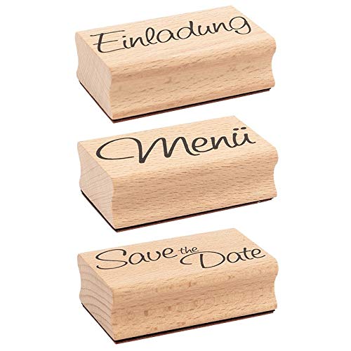 Ideen mit Herz Stempel-Set | 3 Holzstempel mit Sprüchen | je 6,5cm x 4cm x 2,2cm | ideal für Hochzeit, Glückwünsche, Einladungen (Einladung | Menü | Save the Date) von Ideen mit Herz