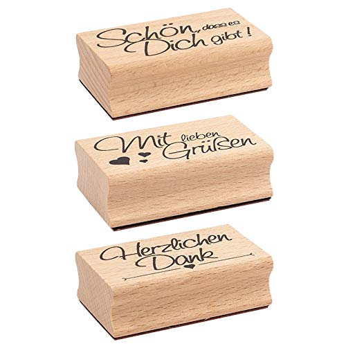 Ideen mit Herz Stempel-Set | 3 Holzstempel mit Sprüchen | je 6,5cm x 4cm x 2,2cm | ideal für Hochzeit, Glückwünsche, Einladungen (Schön, dass es Dich gibt | Mit lieben Grüßen | Herzlichen Dank) von Ideen mit Herz