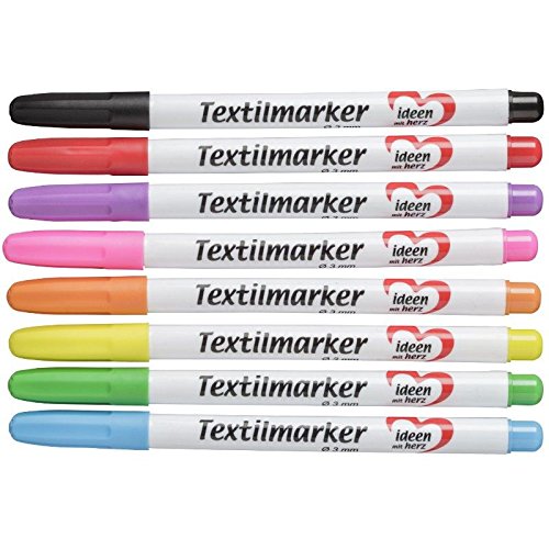 Ideen mit Herz Textilstifte, unterschiedliche Farben, 8 Stück | Stoffmalstifte, permanente Textilmarker | T-Shirts, Taschen, Kissenhüllen, Textilien, Stoffe bemalen | DIY | auf Wasserbasis (3 mm) von Ideen mit Herz