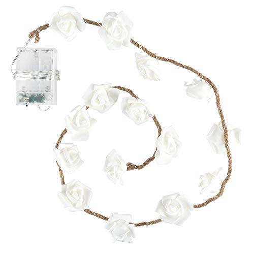 Ideen mit Herz LED-Lichterkette | batteriebetrieben | mit weißen Rosen an edlem Juteseil | 15 LED-Lämpchen in Warmweiß | mit Timer (6 Stunden AN | 18 Stunden AUS) | ideal als Deko für Hochzeit von Ideen mit Herz