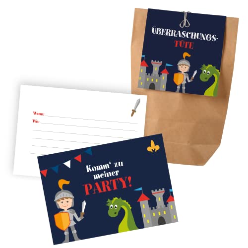 12x "Drachen / Ritter" Einladungskarten + Partytüten - Set / Ritter Party Einladungskarten Ritter Kindergeburtstag Partytüten Kindergeburtstag Ritter Partytüten Kindergeburtstag Einladungen Ritter von Ideenverlag HAMBURG