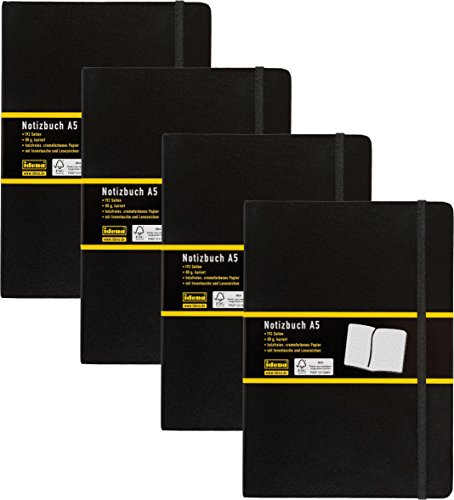 4er Pack Idena 209281 - Notizbuch DIN A5, 192 Seiten, 80 g/m², kariert, schwarz von Idena