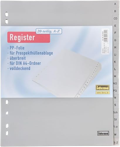 5 Ordner Register A-Z/Überbreit / 20tlg. / DIN A4 / aus PP 120µ / Farbe: grau (Grau, 10er Pack) von Idena