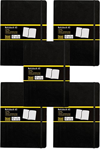 5er Sparpack Idena 209284 - Notizbuch, 192 Seiten, 80 g/m², schwarz (DIN A5 | 5 Stück, liniert) von Idena
