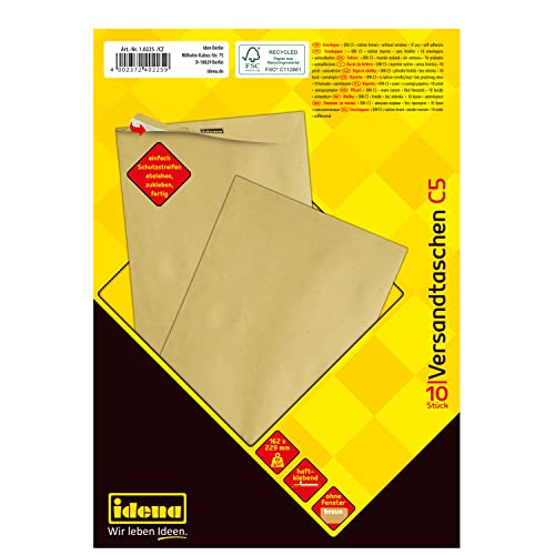 Idena 10225 - Versandtaschen DIN C5, 10 Stück haftklebend, Umschläge ohne Fenster, aus 90 g/m² FSC-Recycled Papier in Braun von Idena