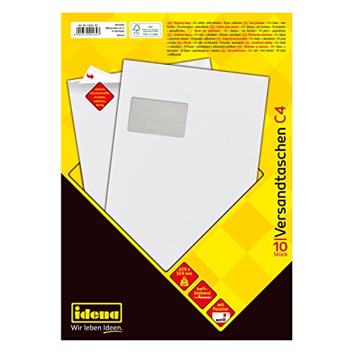 Idena 10232 - Versandtaschen DIN C4, 10 Stück haftklebend, Briefumschläge mit Fenster, aus 90 g/m² FSC-Mix Papier in Weiß von Idena