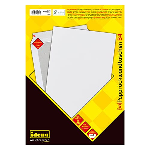 Idena 10247 - Versandtaschen DIN B4 mit Papprückwand, 5 Stück haftklebend, Briefumschläge ohne Fenster, aus 120 g/m² FSC-Mix Papier in Weiß von Idena