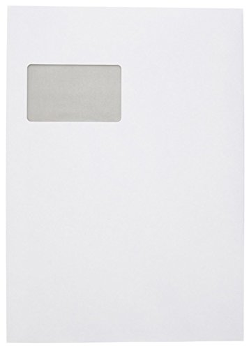 Idena 10251 - Faltentasche, DIN C4, mit 2 cm Bodenfalte, 120 g/m², haftklebend, mit Fenster, 200 Stück, FSC-Mix, weiß von Idena