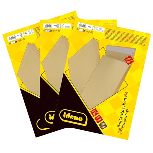 Idena 11093-3 - Versandtaschen DIN B4, 30 Stück haftklebend, Faltentaschen mit 4 cm Bodenfalte, Umschläge ohne Fenster, aus 140 g/m² FSC-Recycled Papier in Braun von Idena