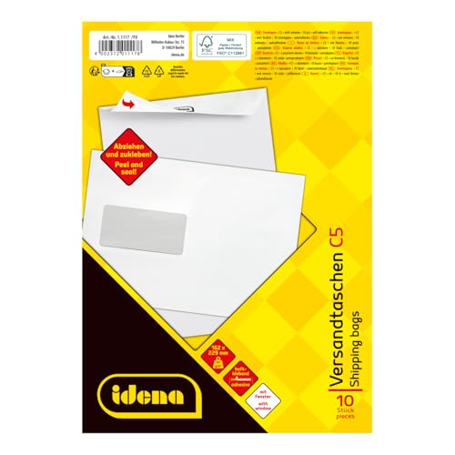 Idena 11117 - Versandtaschen DIN C5, 10 Stück haftklebend, Briefumschläge mit Fenster, aus 90 g/m² FSC-Mix Papier in Weiß Idena 11117 - Versandtaschen DIN C5, 10 Stück haftklebend, Briefumschläge mit Fenster, aus 90 g/m² FSC-Mix Papier in Weiß von Idena