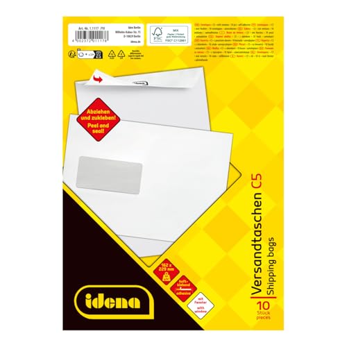 Idena 11117 - Versandtaschen DIN C5, 10 Stück haftklebend, Umschläge mit Fenster, aus 90 g/m² FSC-Mix Papier in Weiß von Idena