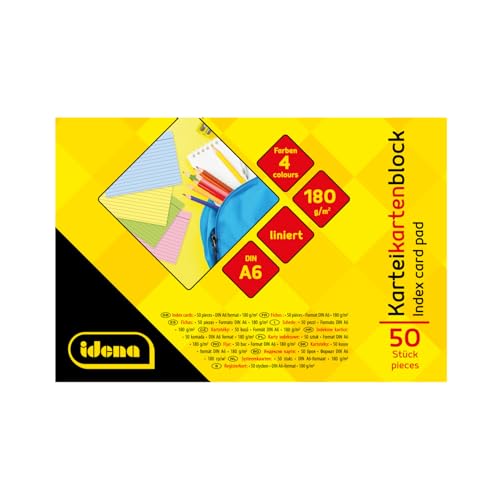 Idena 11188 - Karteikarten DIN A6, 50 Stück liniert, Lernkarten aus 180 g/m² FSC-Mix Papier in 4 Farben, für Schule und Büro Idena 11188 - Karteikarten DIN A6, 50 Stück liniert, Lernkarten aus 180 g/m² FSC-Mix Papier in 4 Farben, für Schule und Büro von Idena