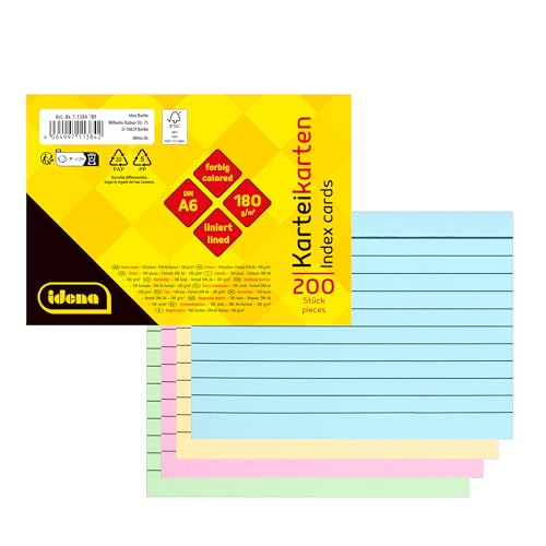 Idena 11384 - Karteikarten A6, 200 Stück liniert, Lernkarten aus 180 g/m² FSC-Mix Papier in 4 Farben, für Schule und Büro von Idena