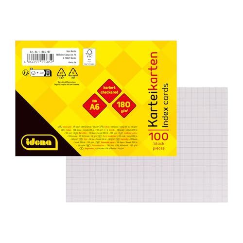 Idena 11385 - Karteikarten A6, 100 Stück kariert, Lernkarten aus 180 g/m² FSC-Mix Papier in Weiß, für Schule und Büro Idena 11385 - Karteikarten A6, 100 Stück kariert, Lernkarten aus 180 g/m² FSC-Mix Papier in Weiß, für Schule und Büro von Idena