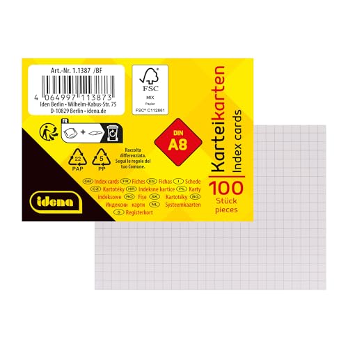 Idena 11387 - Karteikarten A8, 100 Stück kariert, Lernkarten aus 180 g/m² FSC-Mix Papier in Weiß, für Schule und Büro von Idena