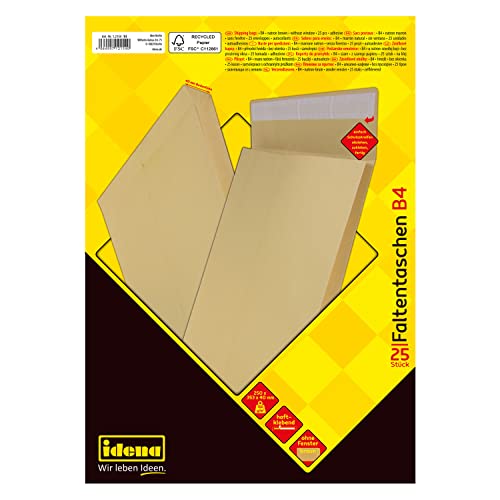 Idena 12154 - Versandtaschen DIN B4, 25 Stück haftklebend, Faltentaschen mit 4 cm Bodenfalte, Umschläge ohne Fenster, aus 150 g/m² FSC-Recycled Papier in Braun von Idena