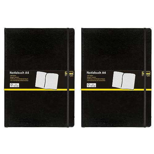 Idena 209280 - Notizbuch DIN A4, kariert, Papier cremefarben, 192 Seiten, 80 g/m², Hardcover in schwarz, 1 Stück (Packung mit 2) von Idena