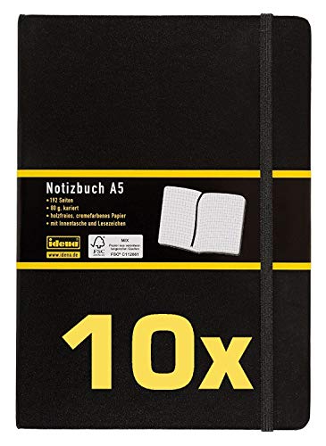 Idena 209281 Notizbuch FSC-Mix, A5, kariert, Papier cremefarben, 96 Blatt, 80 g/m², Hardcover in schwarz (10 Stück, kariert) von Idena