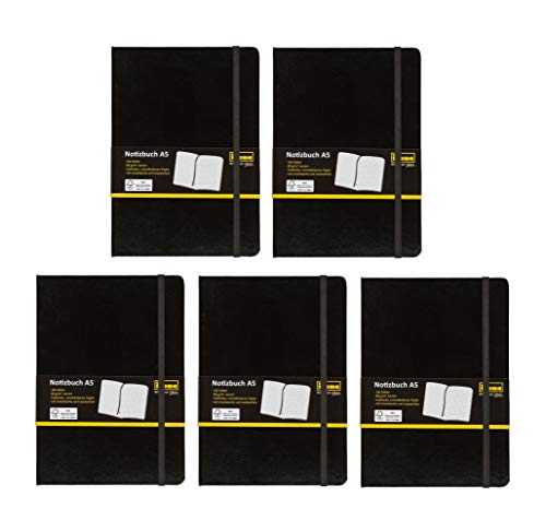 Idena 209281 Notizbuch FSC-Mix, A5 Papier cremefarben, 96 Blatt, 80 g/m², Hardcover in schwarz (5 Stück, kariert) von Idena