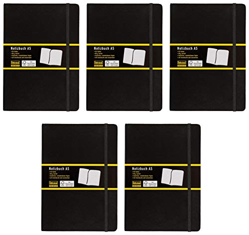 Idena 209281 Notizbuch FSC-Mix, kariert, Papier cremefarben, 96 Blatt, 80 g/m², Hardcover in schwarz (5 Stück, A5) von Idena