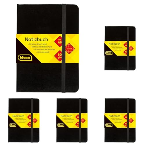 Idena 209282 - Notizbuch DIN A6, kariert, Papier cremefarben, 192 Seiten, 80 g/m², Hardcover in schwarz, 1 Stück (Packung mit 5) von Idena