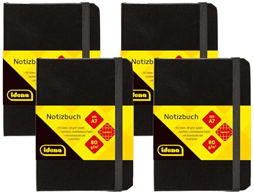 Idena 209283 - Notizbuch DIN A7, kariert, Papier cremefarben, 192 Seiten, 80 g/m², Hardcover in schwarz, 1 Stück (Packung mit 4) von Idena