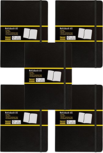 Idena 209284 - Notizbuch DIN A5, 192 Seiten, 80 g/m², liniert, schwarz (DIN A5 | 5 Stück, kariert) von Idena