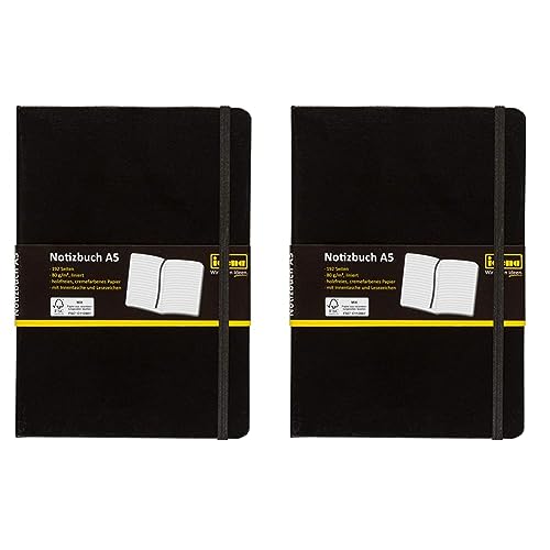 Idena 209284 - Notizbuch DIN A5 liniert, Papier cremefarben, 192 Seiten, 80 g/m², Hardcover in schwarz, 1 Stück (Packung mit 2) von Idena